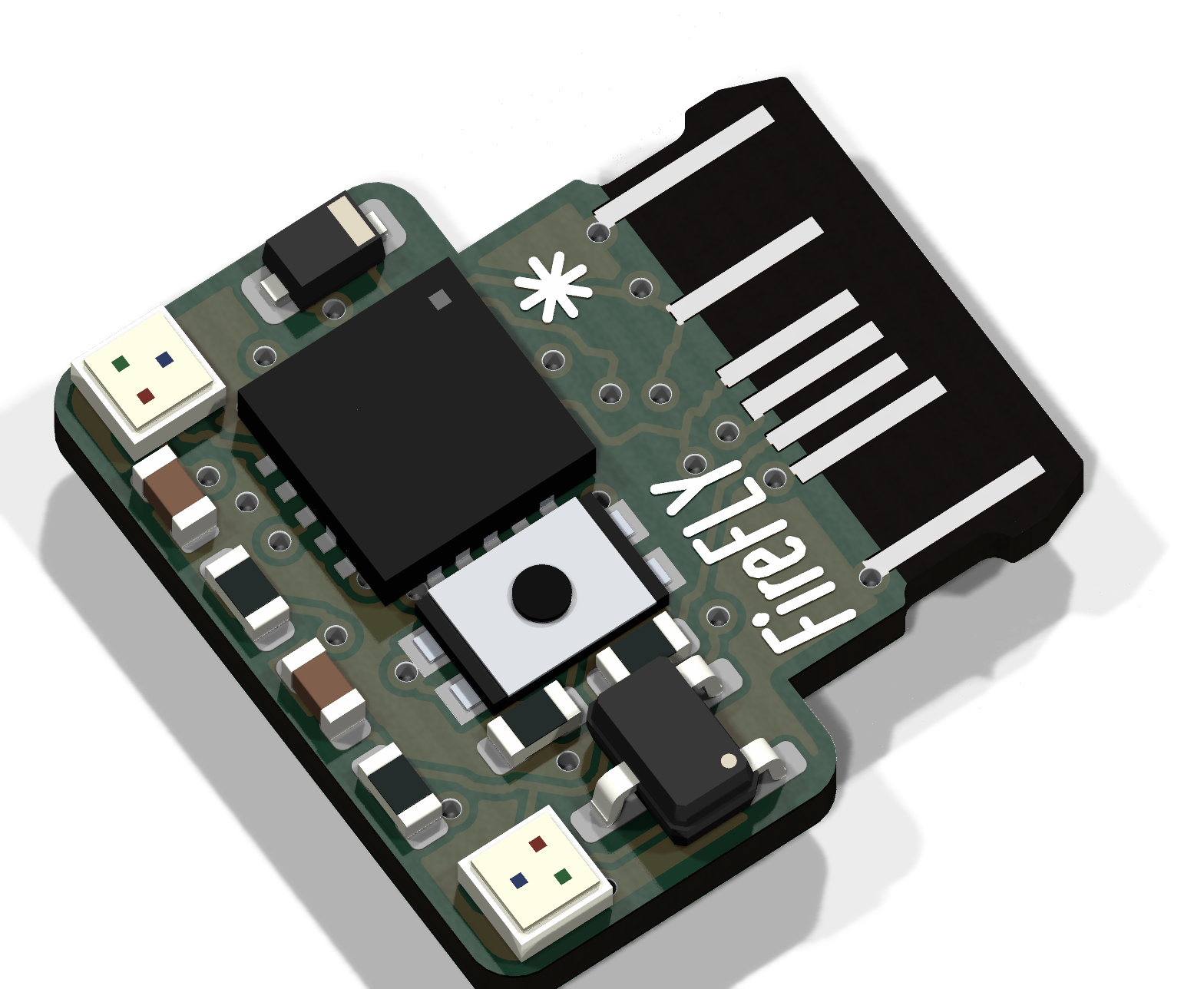 FireFLY circuit board with two corner LEDs, a central microcontroller and integrated USB contact tongue